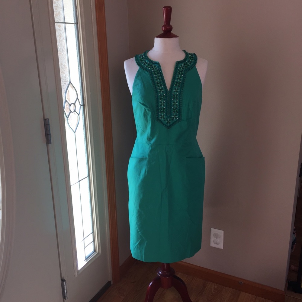 Adrianna Papell Beaded V-Neck Cotton Dress